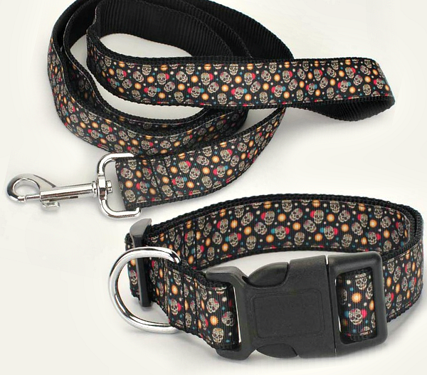 Sugar Skull Dog Collar Leash Seat Belt Clip Tether Bundle