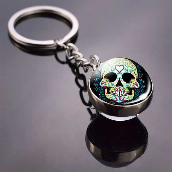 Sugar Skull Glass Ball Split Ring Keychain