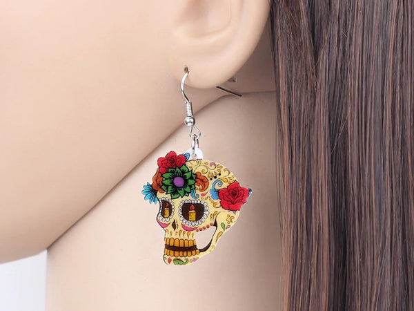 Floral Sugar Skull Dangle Earrings
