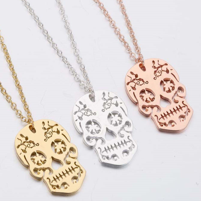 metal sugar skull necklaces gold silver and rose gold