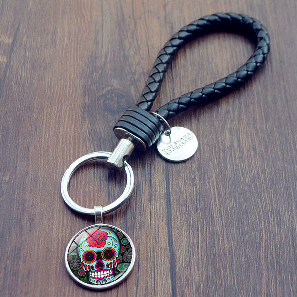 Sugar Skull Braided Leather Keychain