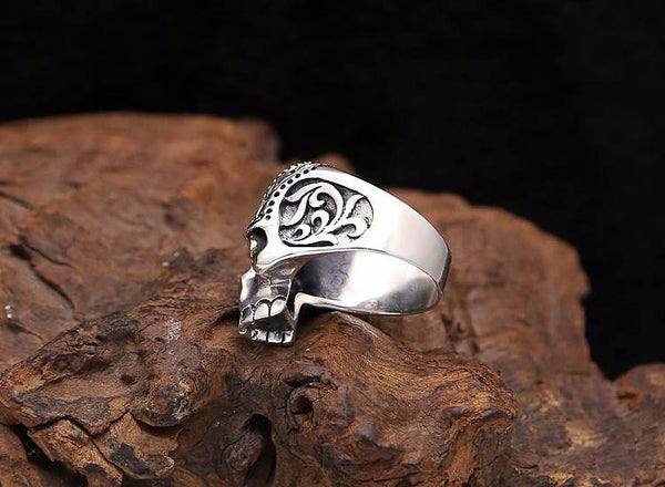 Silver Half Skull Carved Biker Ring Side View