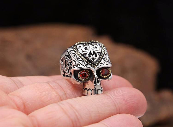 Silver Half Skull Carved Biker Ring