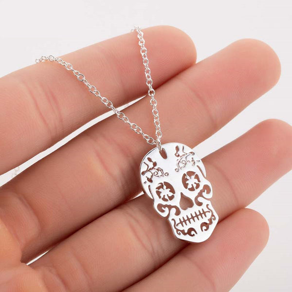 silver metal sugar skull necklace