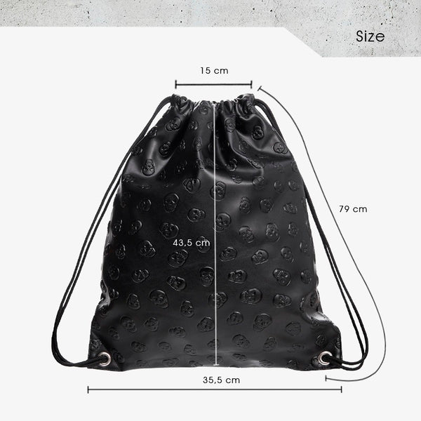 Smiling Skulls Black Faux Leather Drawstring Bag Dimensions