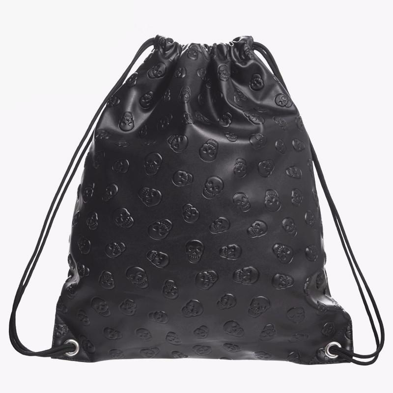 black faux leather drawstring backpack Smiling Skulls Black Faux Leather Drawstring Bag