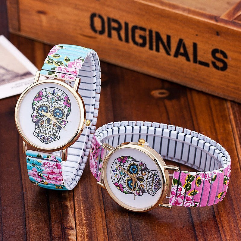 Stainless Steel Floral Sugar Skull Watch - Blue Band & Pink Band