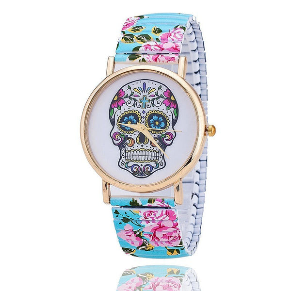 Stainless Steel Floral Sugar Skull Watch - Blue Band