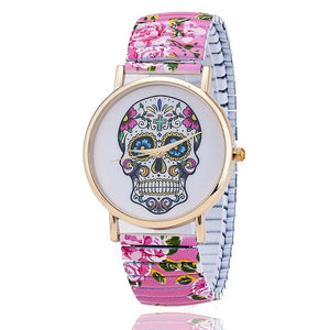 Stainless Steel Floral Sugar Skull Watch - Pink Band