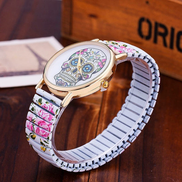 Stainless Steel Floral Sugar Skull Watch - White Band Side View