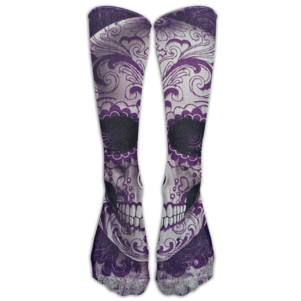 Sugar Skull 3D Printed Fashion Knee Socks in Purple Swirl