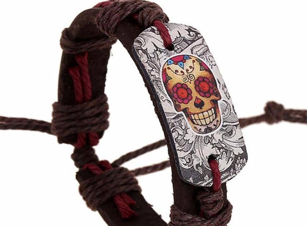 Sugar Skull Adjustable Leather Cuff Bracelet Close Up of Charm