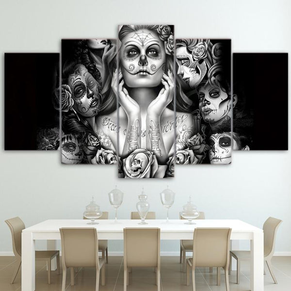 Sugar Skull Art 5 Piece Canvas Day of the Dead Painting in Dining Room
