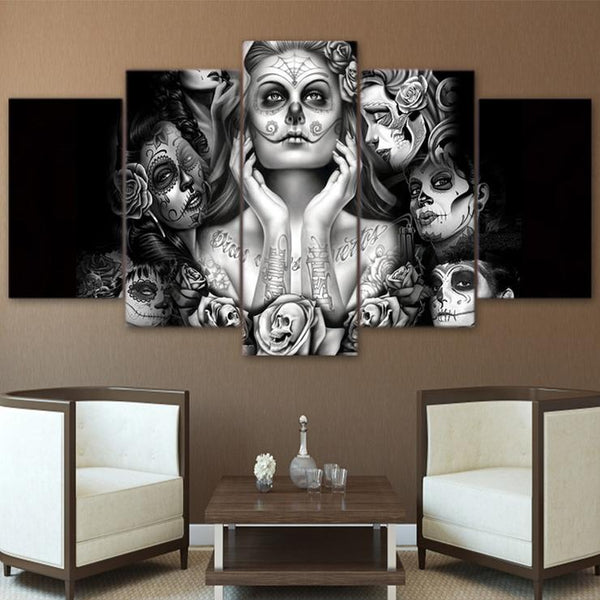 Sugar Skull Art 5 Piece Canvas Day of the Dead Painting in Sitting Area