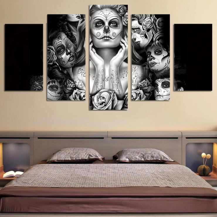 Sugar Skull Art 5 Piece Canvas Day of the Dead Painting in Bedroom