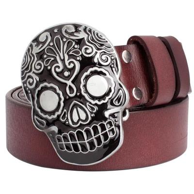 Sugar Skull Big Black Buckle Genuine Leather Brown Belt