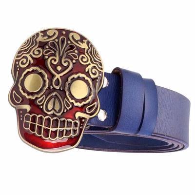 Sugar Skull Big Black Buckle Genuine Leather Blue Belt