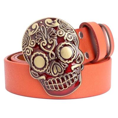 Sugar Skull Big Red Buckle Genuine Leather Orange Belt