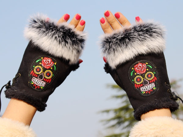 Sugar Skull Black Fingerless Fur Trim Gloves One Size