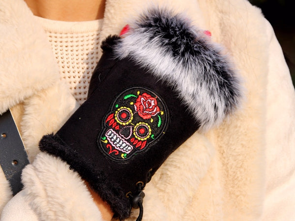Sugar Skull Black Fingerless Fur Trim Gloves Shown on Model