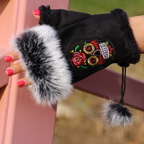 Sugar Skull Black Fingerless Fur Trim Gloves Side Lace to Adjust Fit