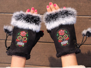 Sugar Skull Black Fingerless Fur Trim Gloves