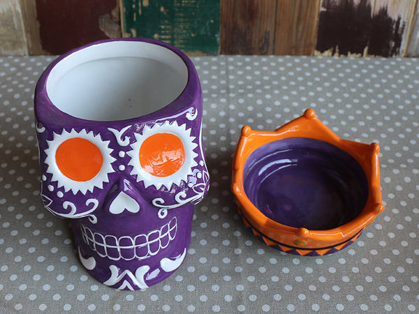 Sugar Skull Ceramic Painted Cookie Jar with Lid Purple