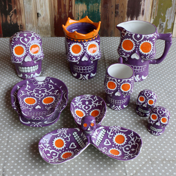 Sugar Skull Ceramic Painted Kitchen Variety Set Purple