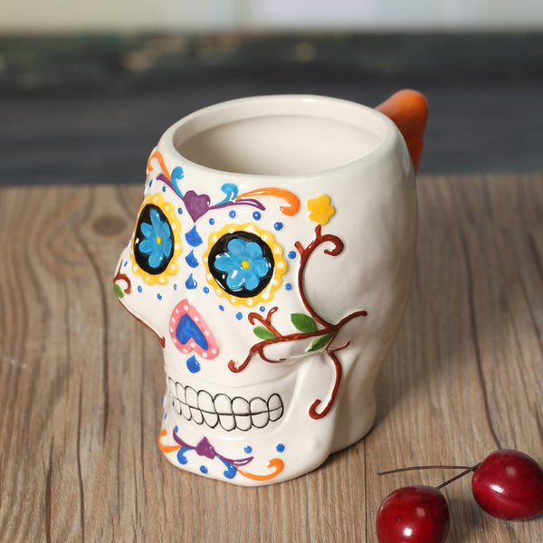 Sugar Skull Ceramic Painted Mug Side View