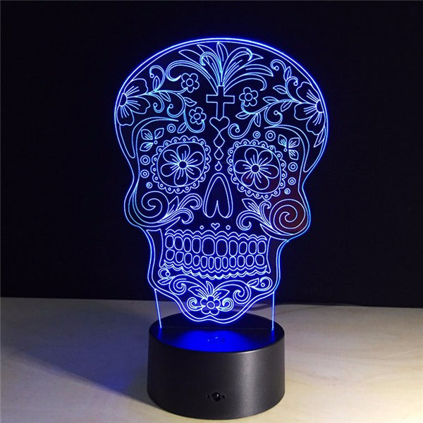 Sugar Skull Color Changing Light Decoration Showing Blue