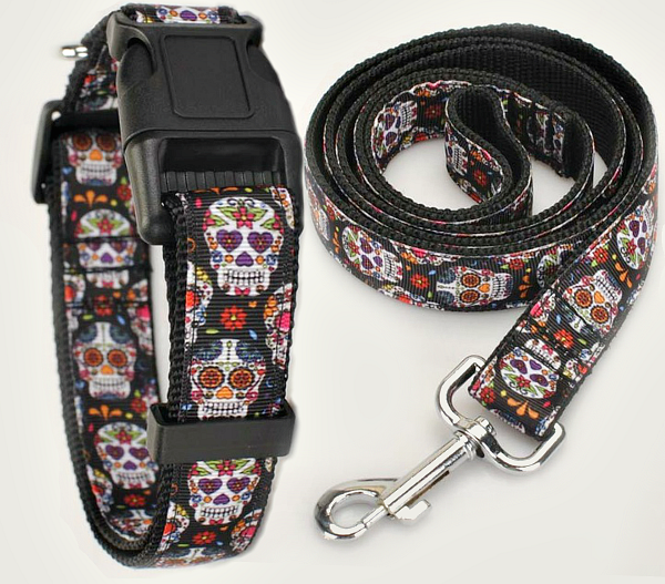 Sugar Skull Dog Collar Matching Leash Seat Belt Clip Tether Bundle