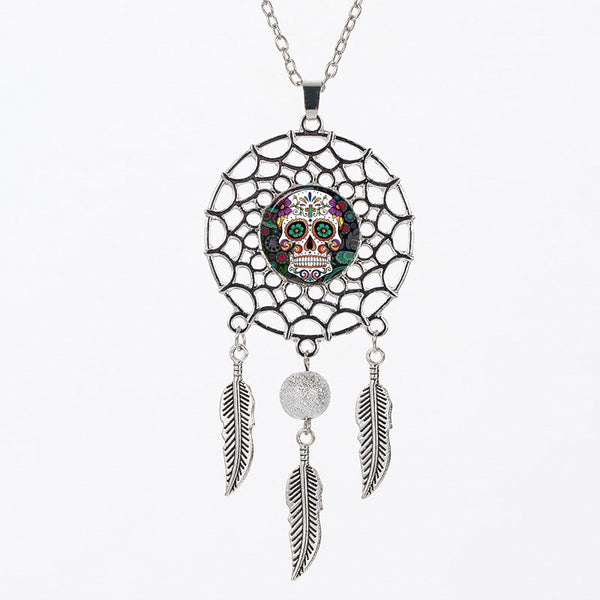 Sugar Skull Dreamcatcher Pendant Necklace Cross
