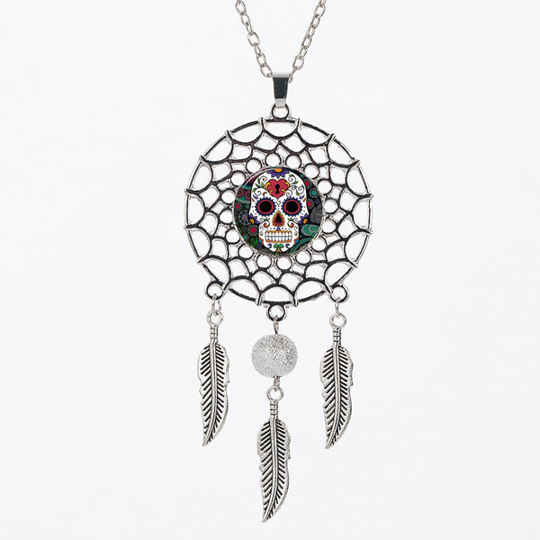 Sugar Skull Dreamcatcher Pendant Necklace Keyhole
