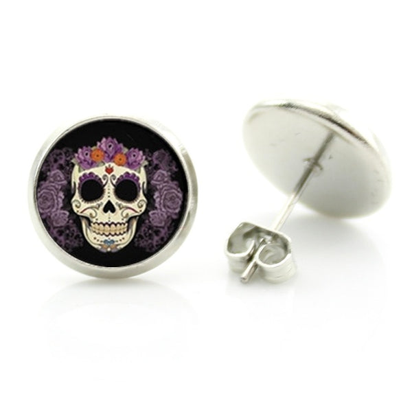 Sugar Skull Glass Cabochon Stud Earrings Purple Flowers