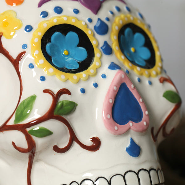 Sugar Skull Painted Ceramic Piggy Bank Close Up