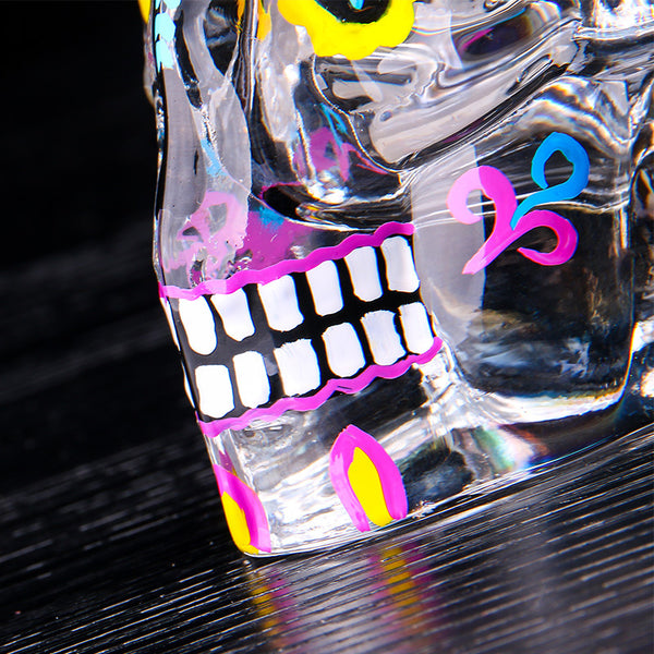 Sugar Skull Hand Painted Shot Glass Side View Close Up