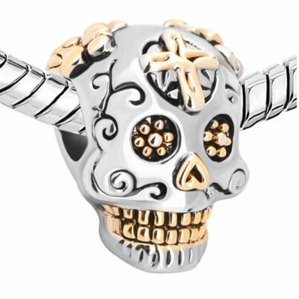 Sugar Skull Lady Cross Two-Tone Charm Bracelet Bead Shown on Snake Chain