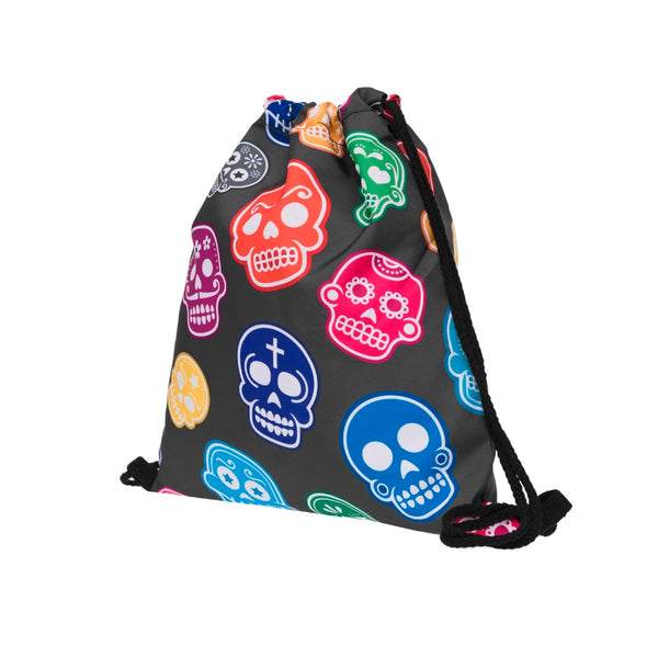 Sugar Skull Multi Colored Faces Drawstring Bag Side View