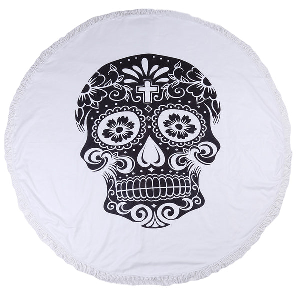 Sugar Skull Multi Purpose Round Microfiber Throw Black on White Style