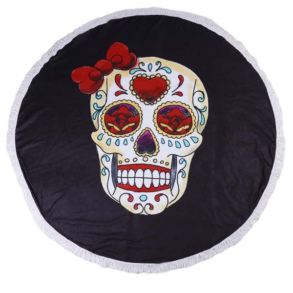 Sugar Skull Multi Purpose Round Microfiber Throw Red Roses on Black Style