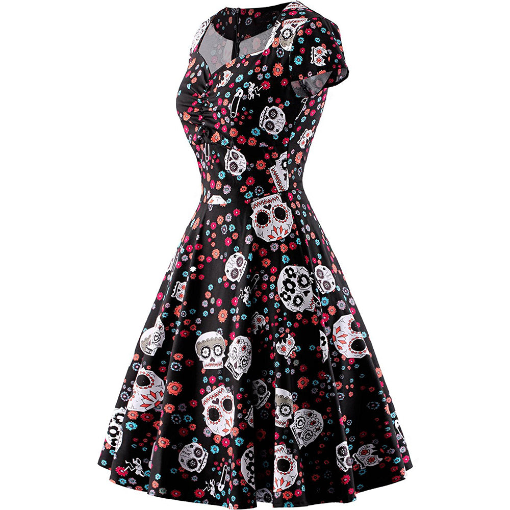 Sugar Skull Print Cap Sleeve Sweetheart Neckline Pin Up Dress – Boketto Box