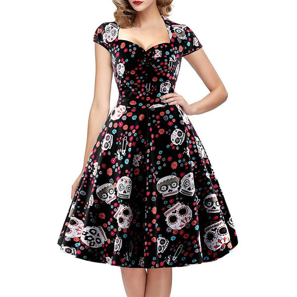 Sugar Skull Print Cap Sleeve Sweetheart Neckline Pin Up Dress in Black Model View