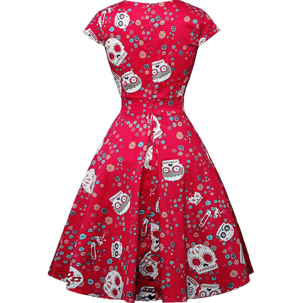 Sugar Skull Print Cap Sleeve Sweetheart Neckline Pin Up Dress in Red Back View
