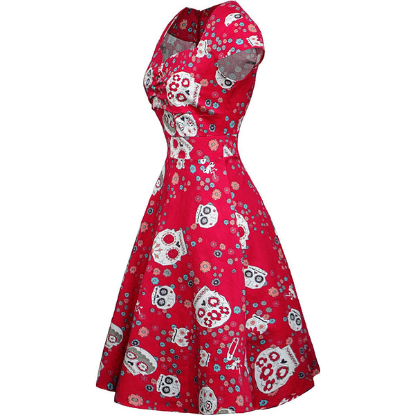 Sugar Skull Print Cap Sleeve Sweetheart Neckline Pin Up Dress in Red Facing Left View