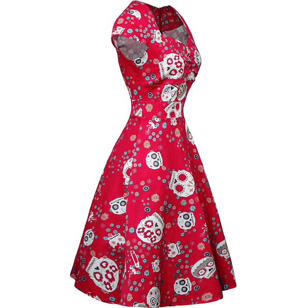Sugar Skull Print Cap Sleeve Sweetheart Neckline Pin Up Dress in Red Facing Right View
