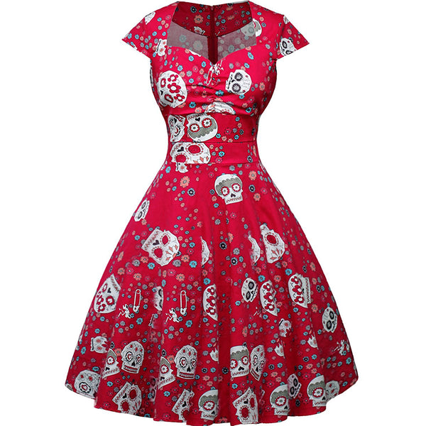 Sugar Skull Print Cap Sleeve Sweetheart Neckline Pin Up Dress Red Front View