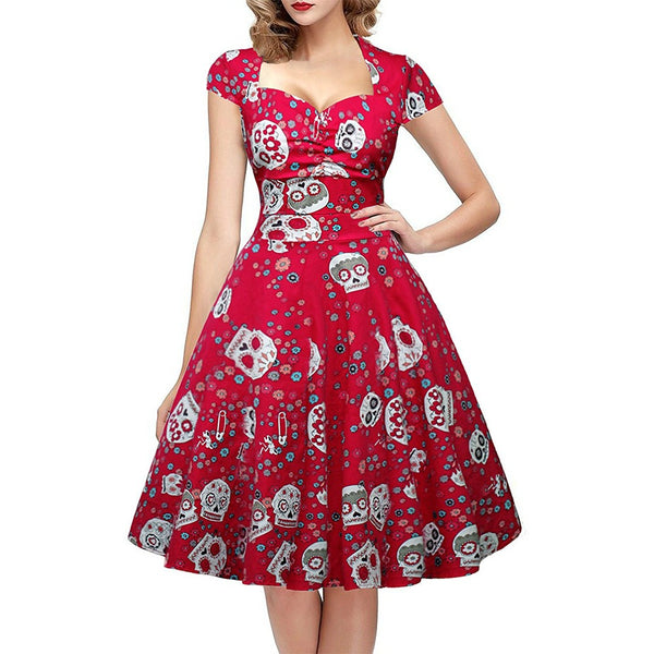 Sugar Skull Print Cap Sleeve Sweetheart Neckline Pin Up Dress Red Model View