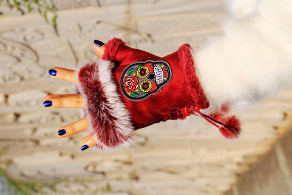 Sugar Skull Red Fingerless Fur Trim Gloves One Size