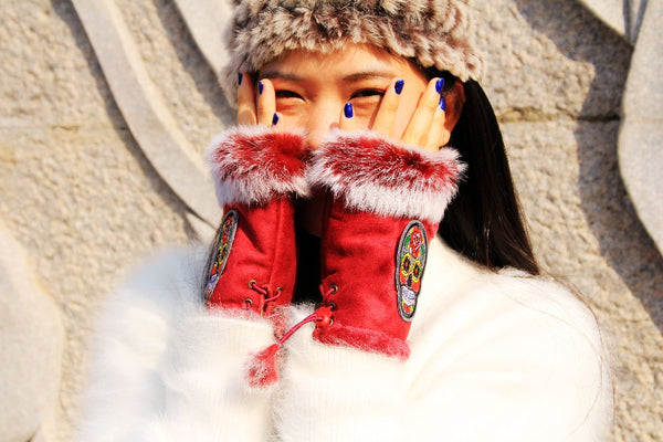 Sugar Skull Red Fingerless Fur Trim Gloves Shown on Model
