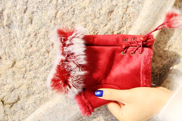 Sugar Skull Red Fingerless Fur Trim Gloves Side Lace to Adjust Fit